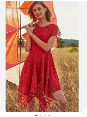 Anthropologie Maeve Orange-Red Laser Cut Lace Fit & Flare Dress, Size 0